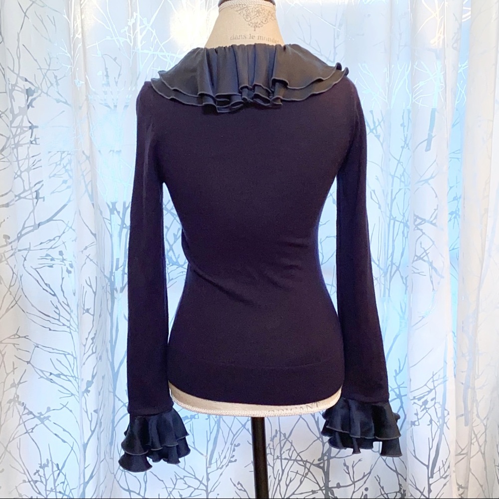 Tory Burch navy blue removable silk ruffle trim neck cuffs knit sweater top - Picture 2 of 8